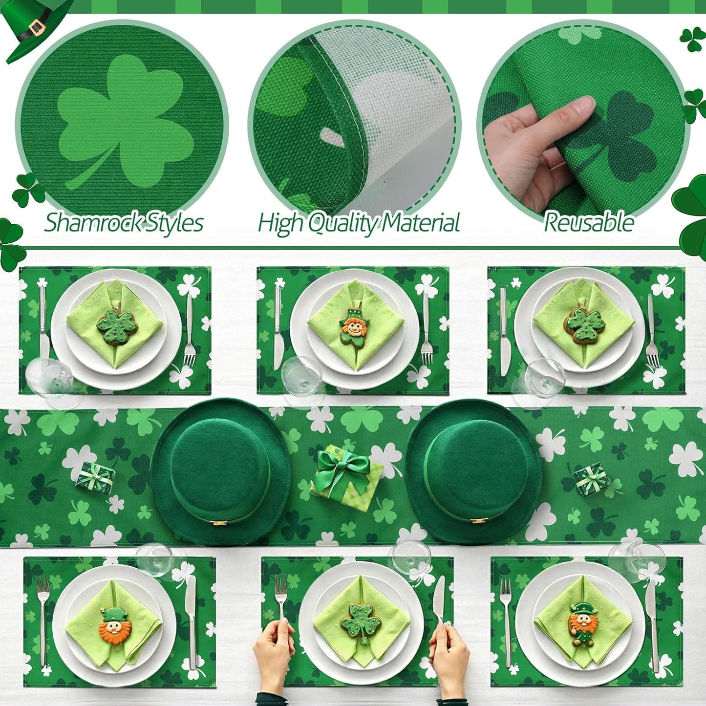 Juego de 7 manteles individuales y camino de mesa de trébol verde para San Patricio