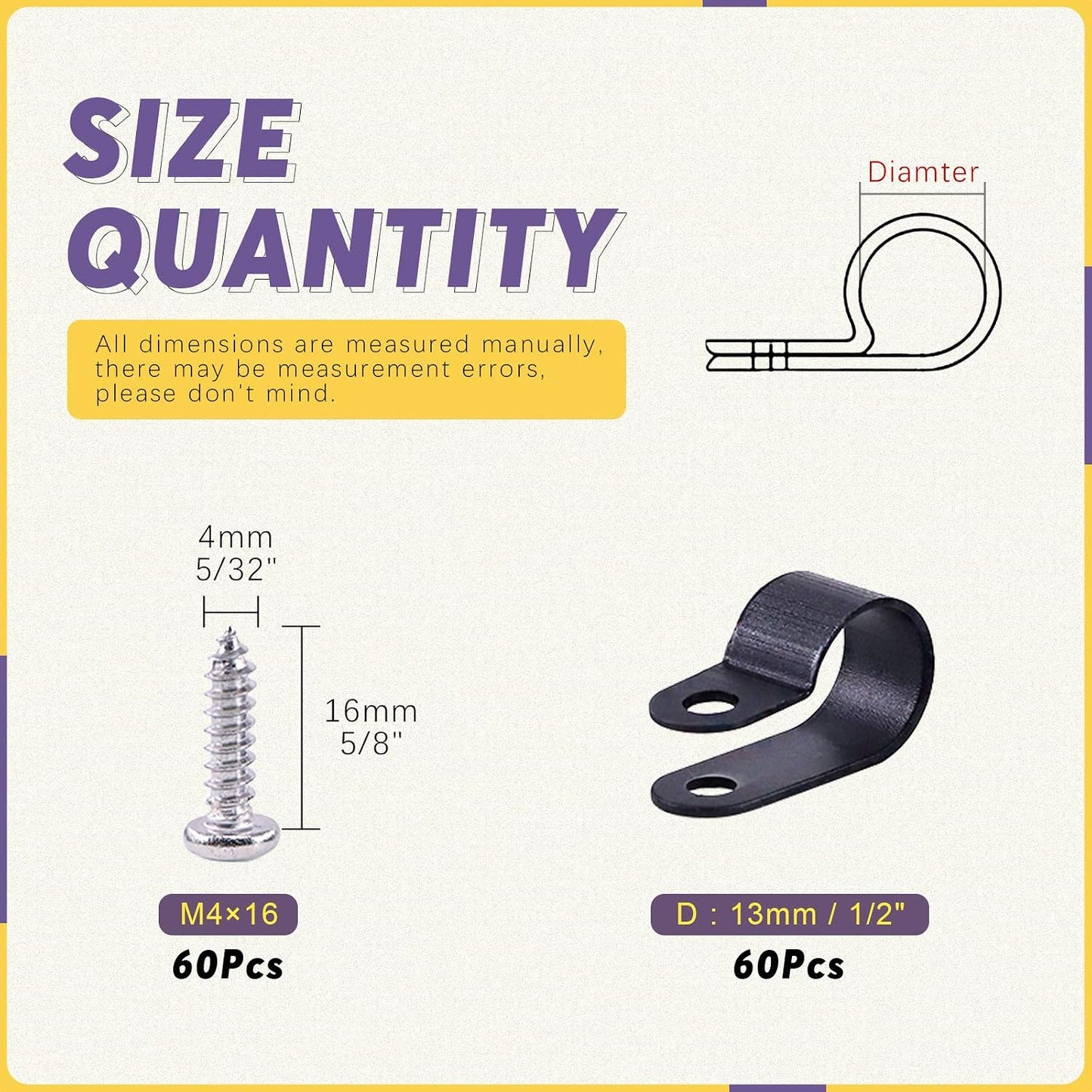60 Clips Cable Tipo R Negro 1/2pulg de Nailon