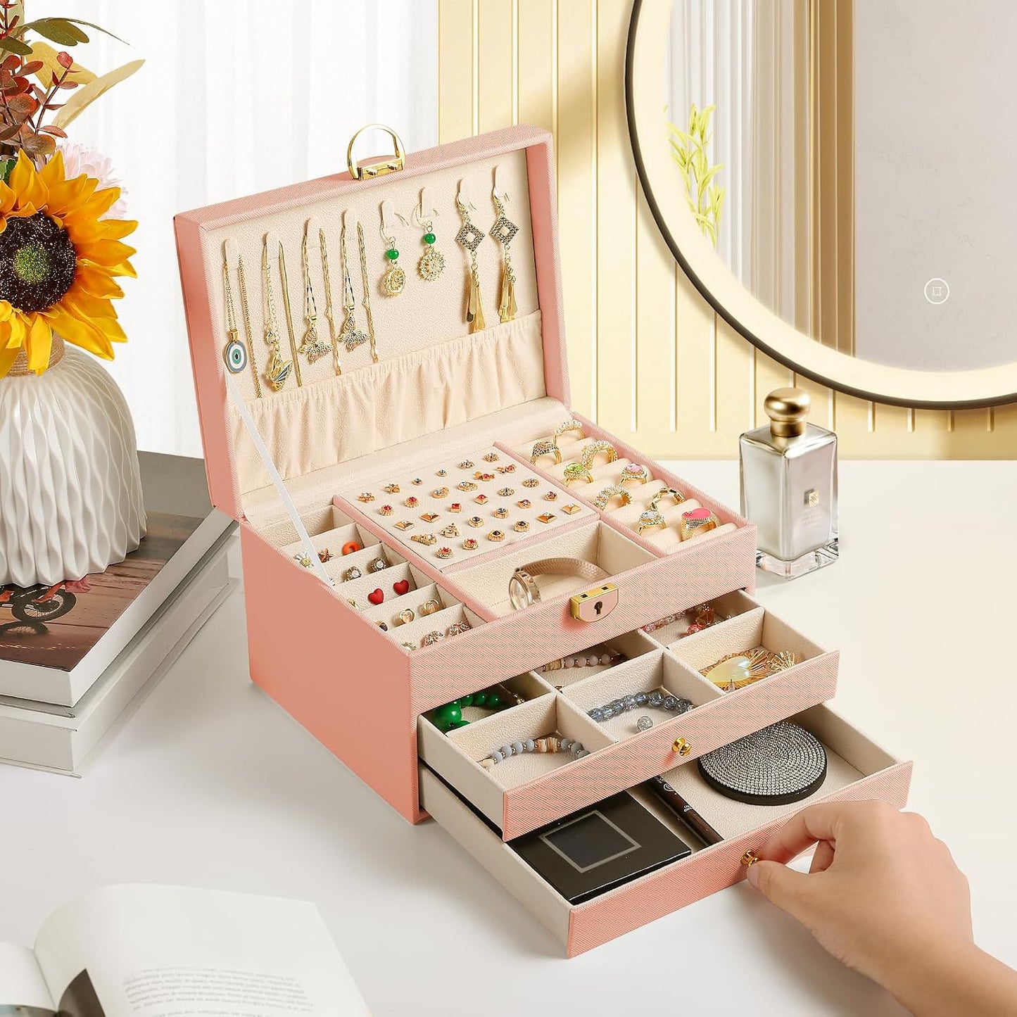 Caja joyería 3 capas con cajón cerradura y soporte