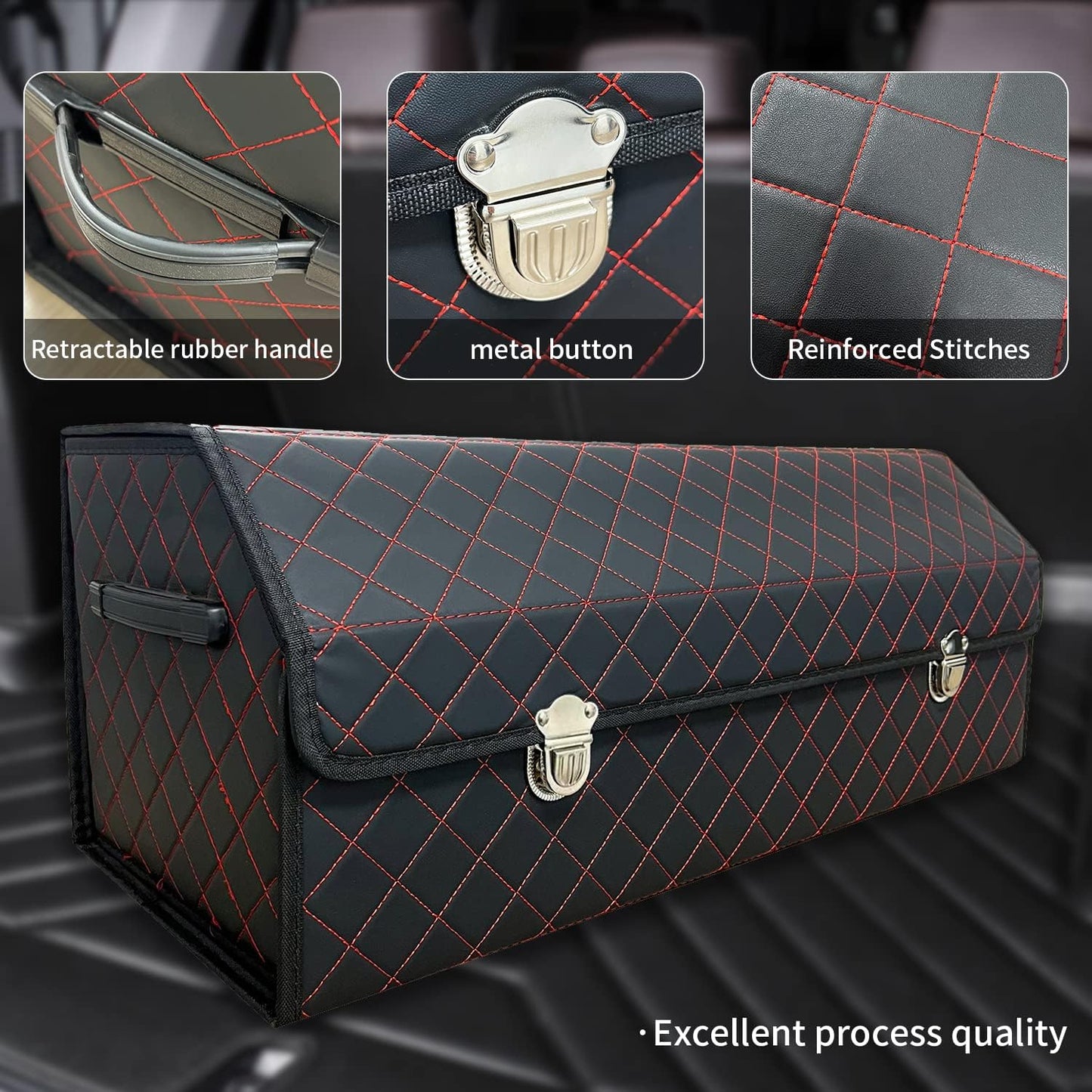 Organiz. maletero coche plegable cuero negro rojo a cuadros