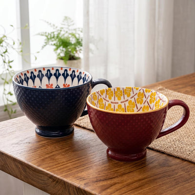2 Pzas Tazas Cerámica con Asa Patrón Floral para Café Té