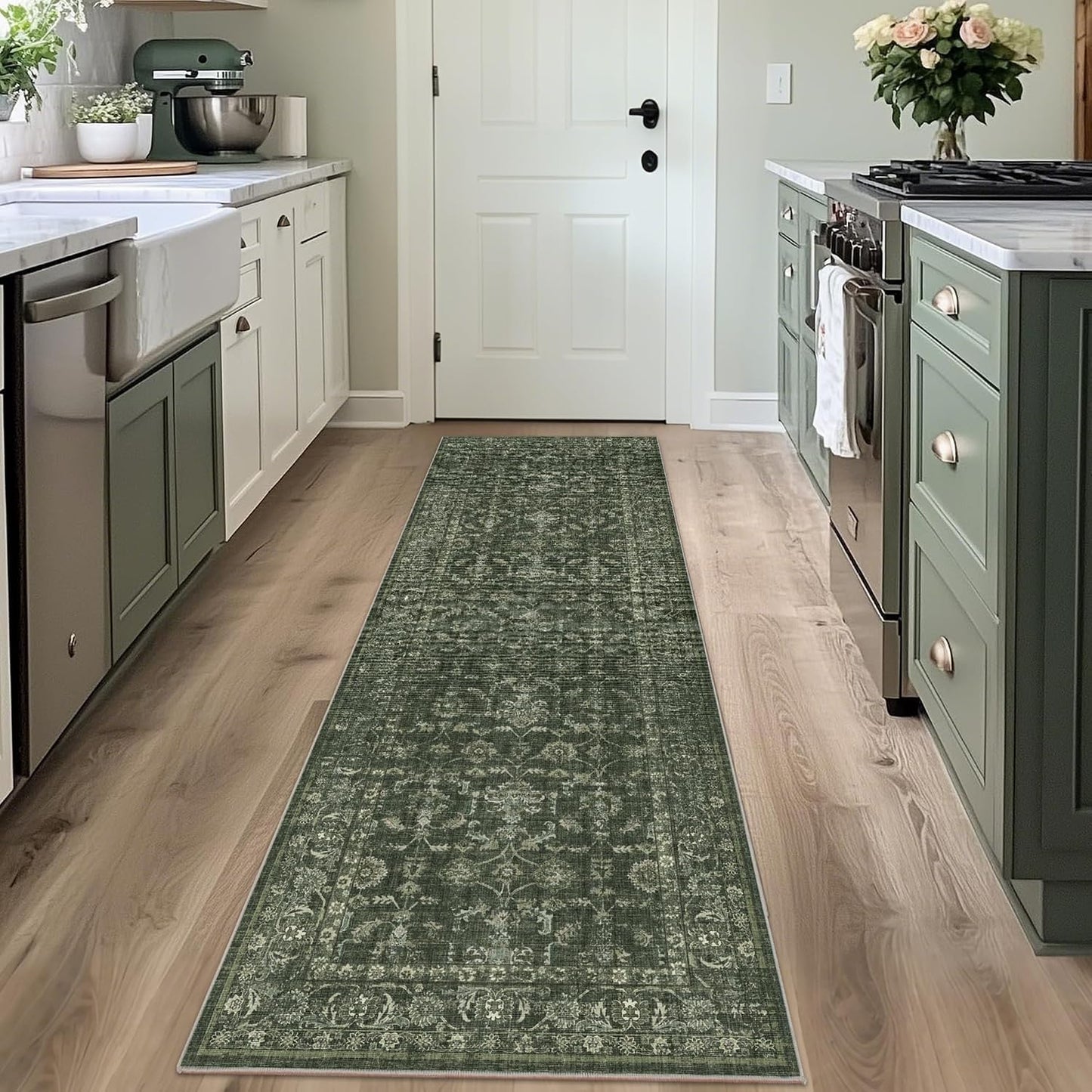 Alfombra pasillo 2x6ft verde vintage floral
