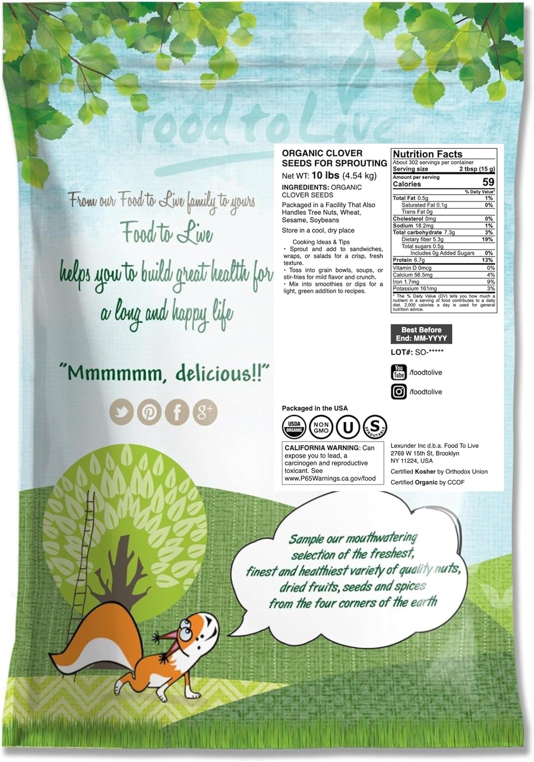 Semillas trébol orgánicas 10lb para germinar veganas