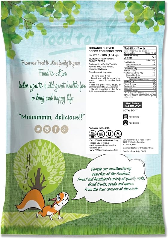 Semillas trébol orgánicas 10lb para germinar veganas