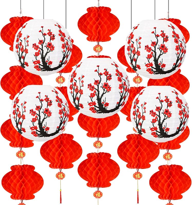 25 Linternas Papel Cerezo y Rojas Decoración Fiesta Oriental