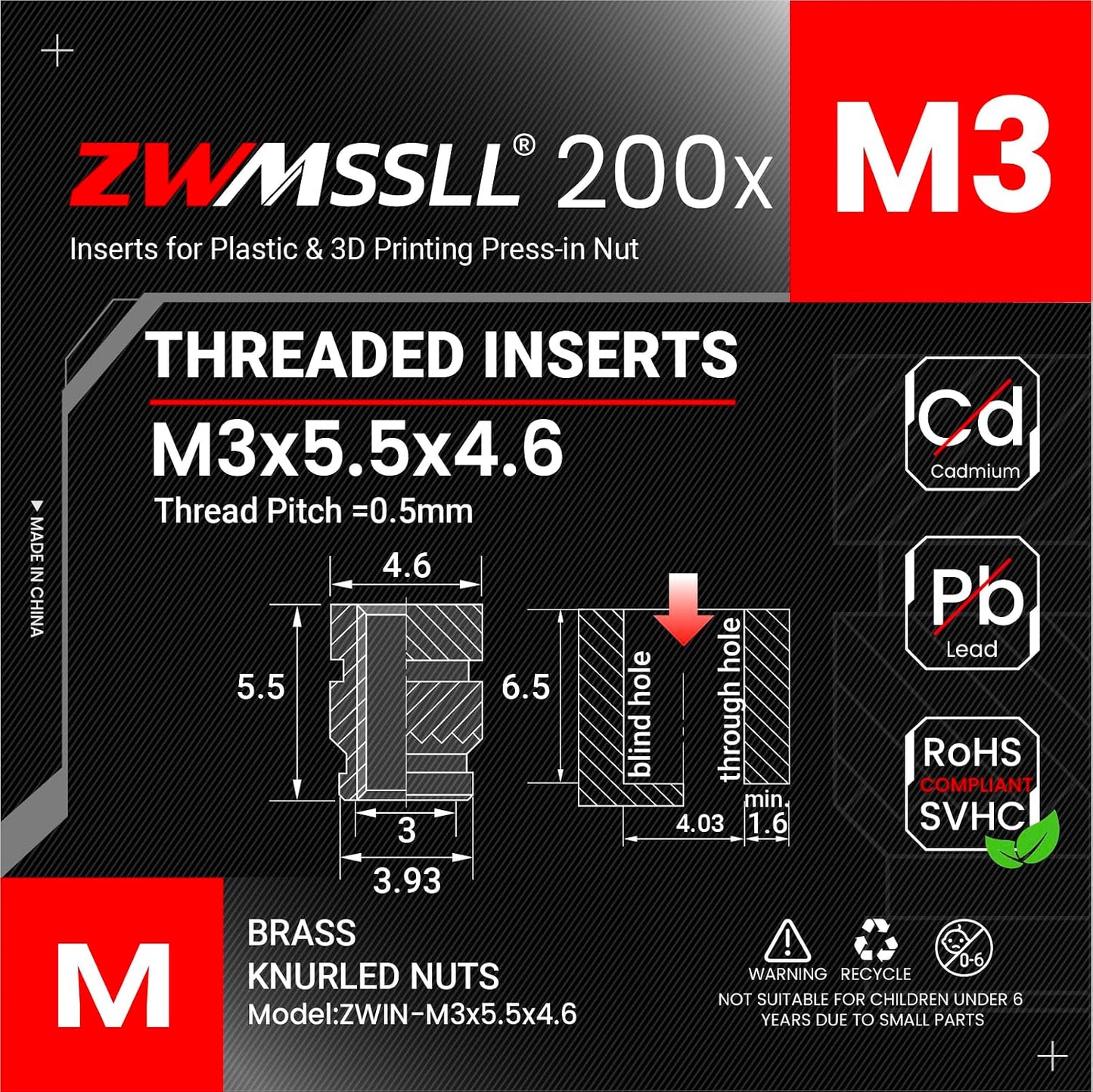 Insertos roscados M3x5.5x4.6 de latón para impresión 3D