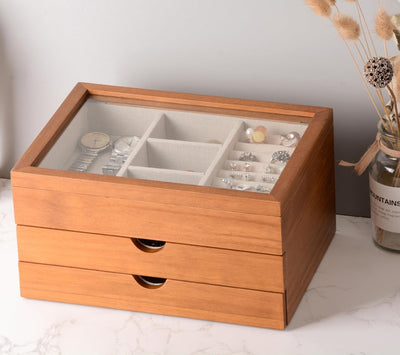 Caja joyas madera maciza 3 capas con tapa vidrio