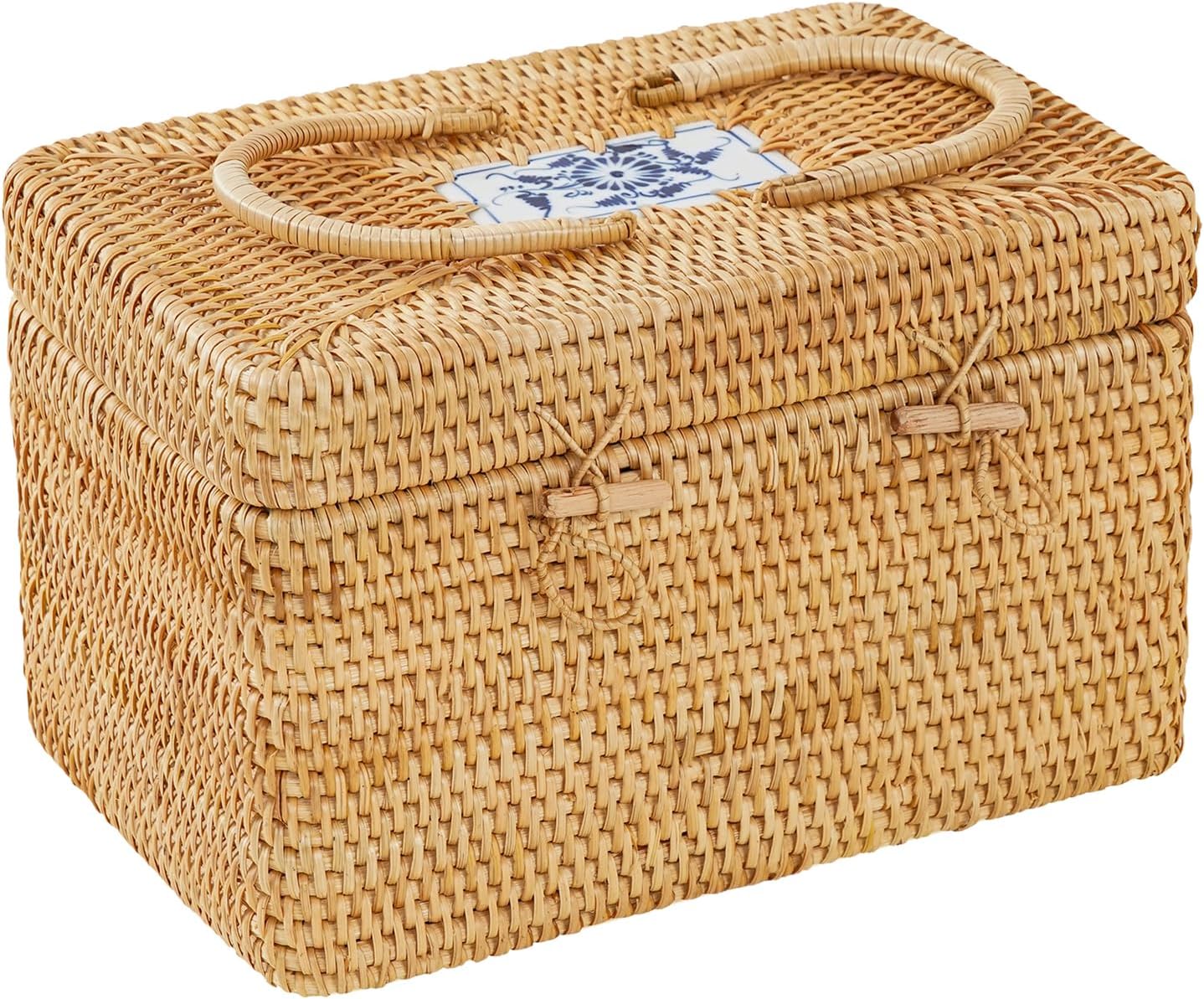 Cesta ratán 12x8x7.5" con tapa almacenamiento estante