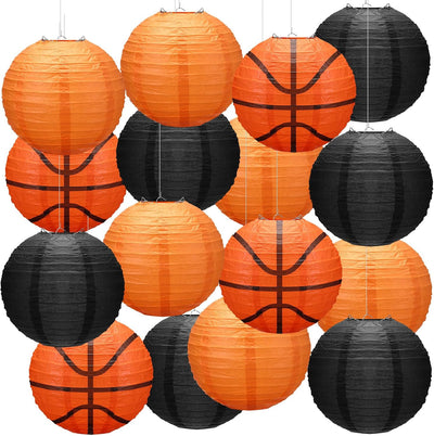16 Faroles Baloncesto 8pulg Color Naranja y Negro Decoración Fiesta