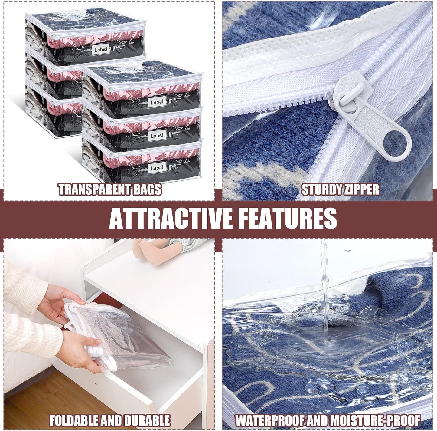 6 bolsas PVC transparente con cremallera para ropa y sábanas
