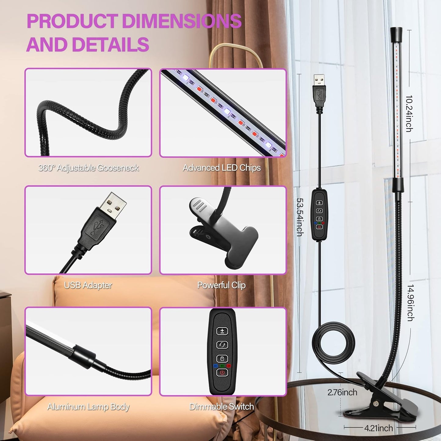 Luz LED crecimiento plantas interior 3 modos 10 niveles 6-12h