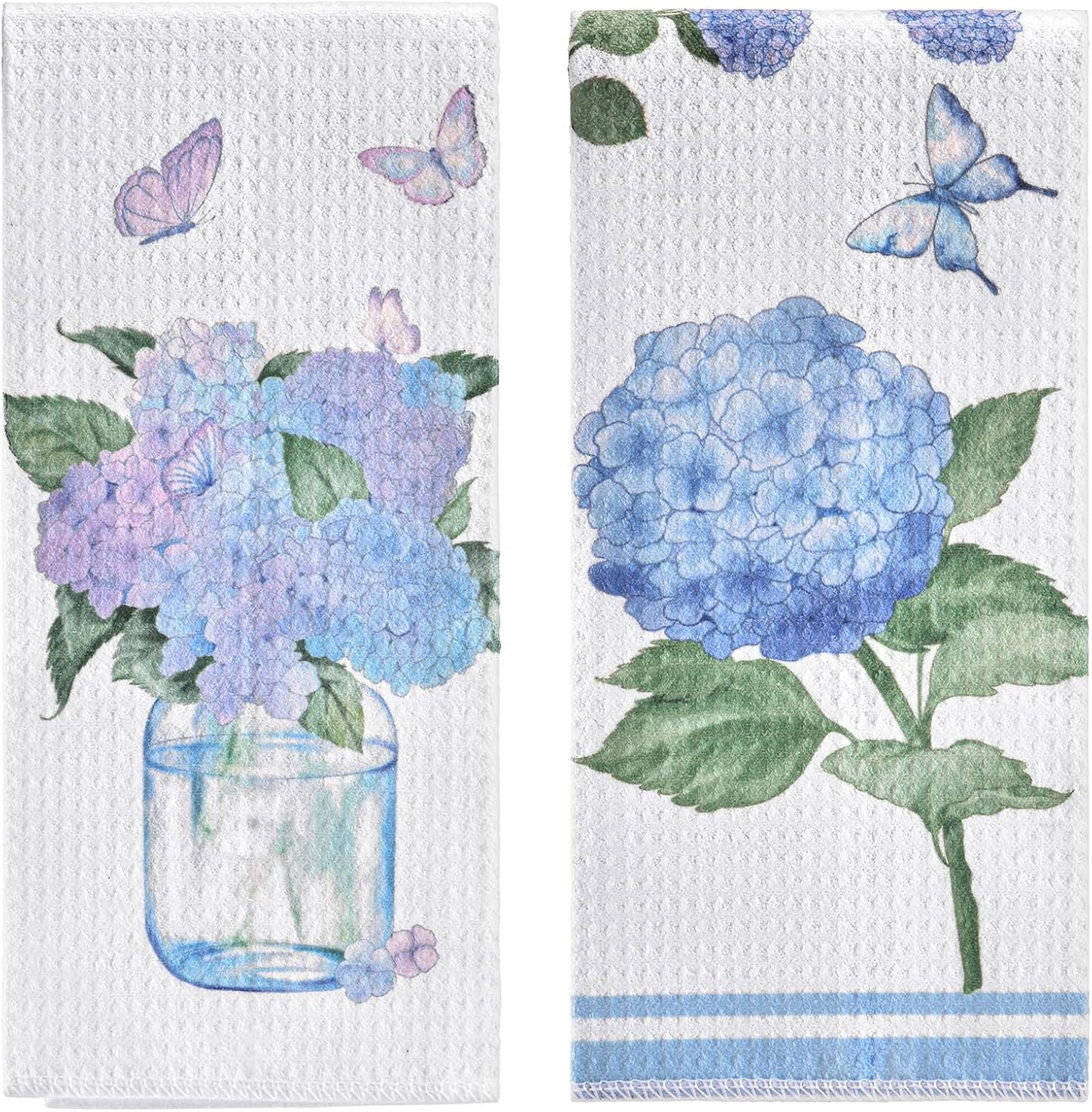 Toallas de cocina con diseño de flores hortensias mariposas azules