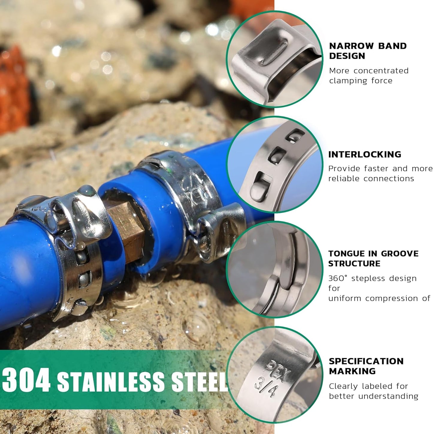 80 Abrazaderas PEX 1pulg Acero Inox 304 Sin Escalones