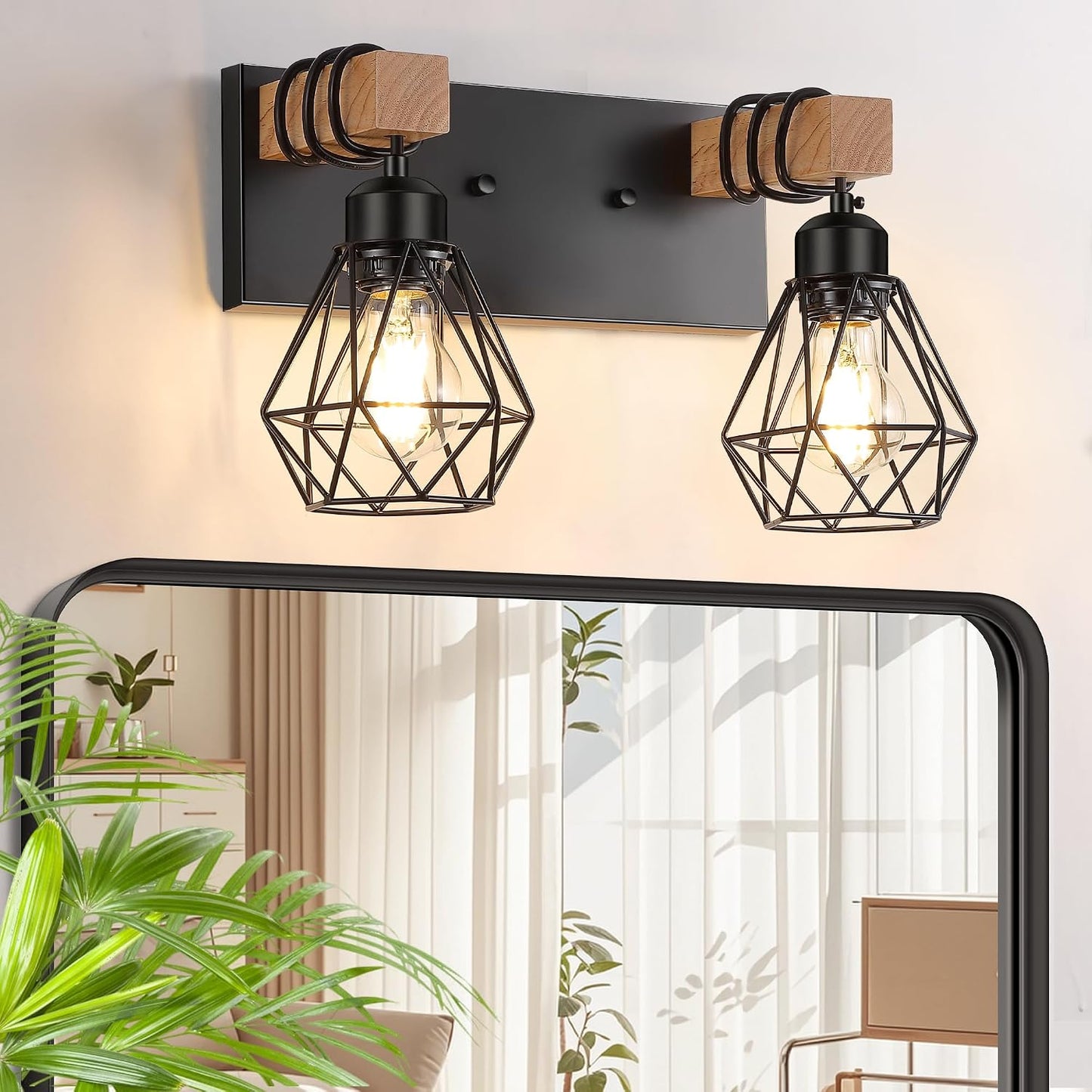 Aplique pared baño madera rústico 2 luces lámpara industrial
