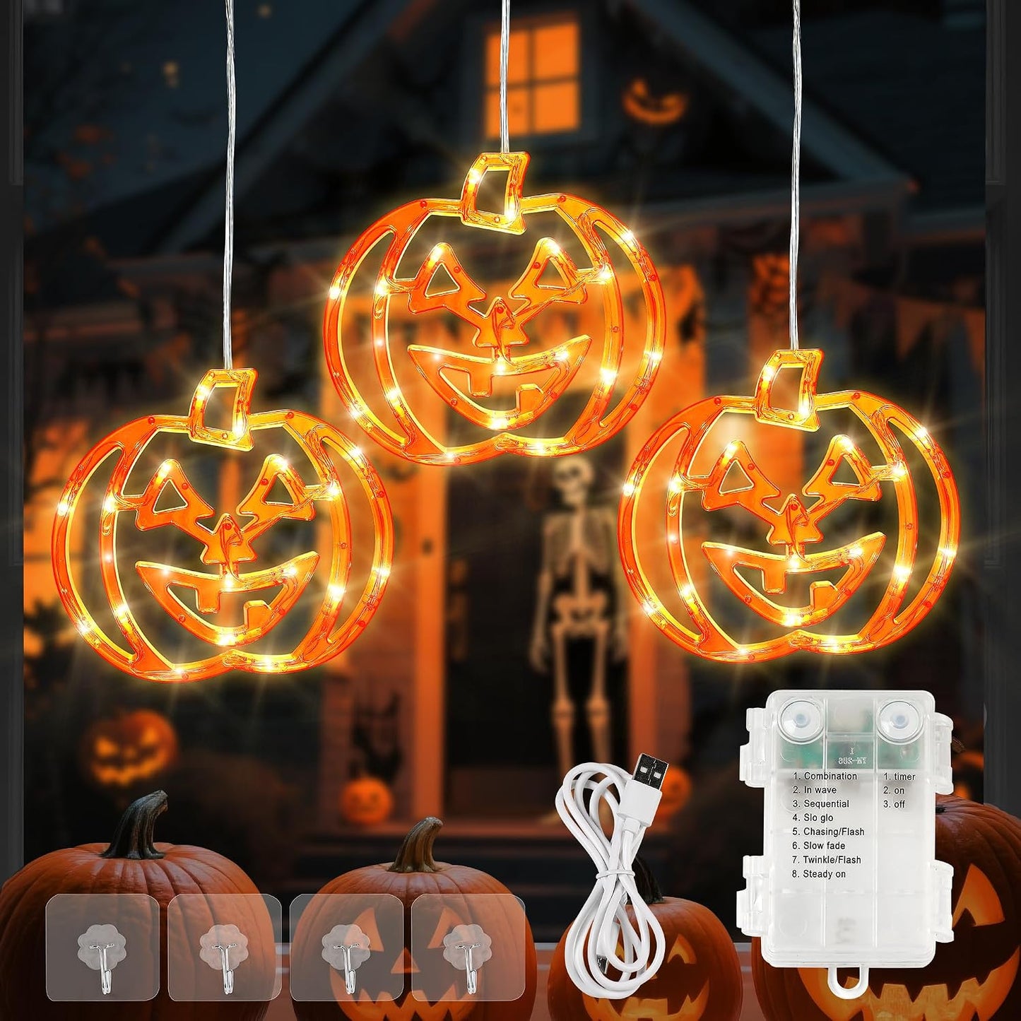 Luces calabaza 6ft 48LED USB impermeable 8 modos naranja