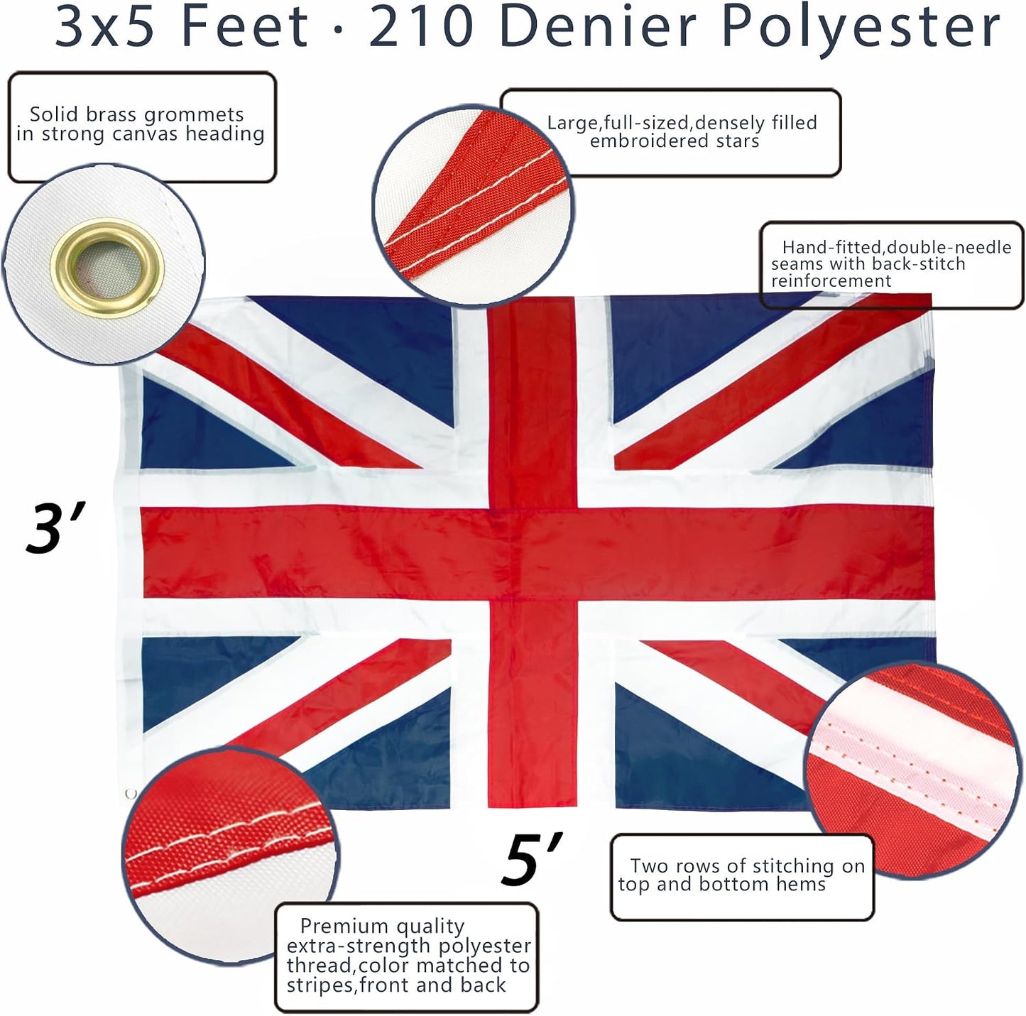 Bandera Reino Unido 3x5ft lona 4 filas costuras ojales