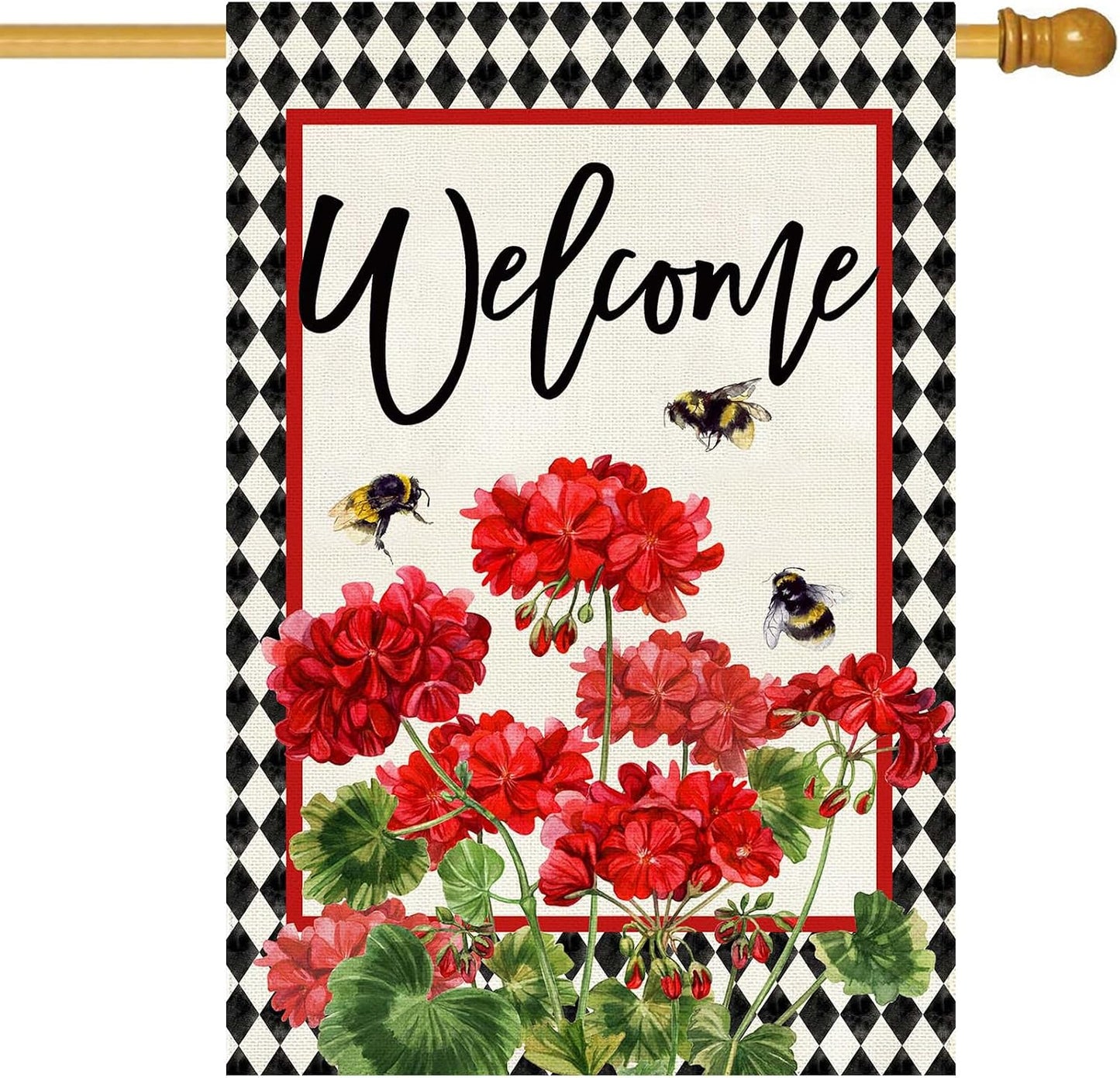 Bandera bienvenida geranio doble cara 28x40"