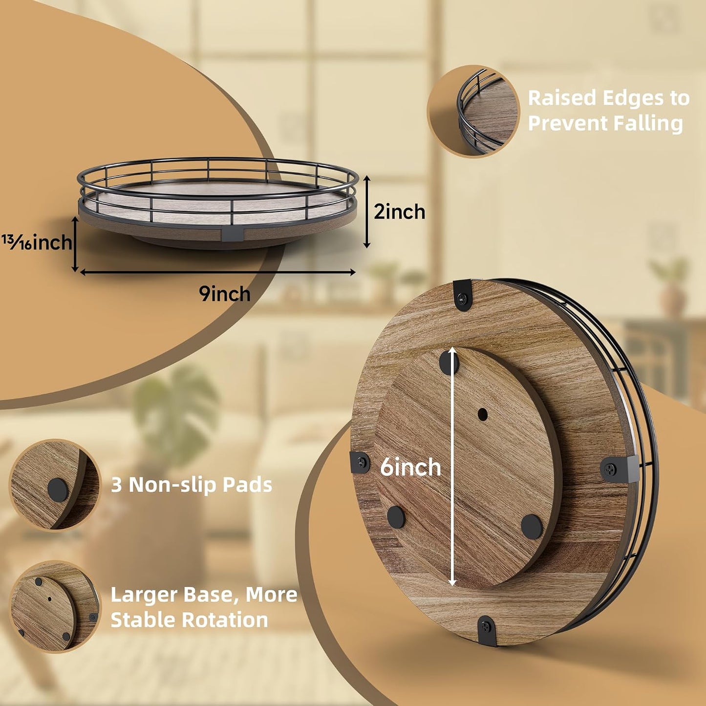 Bandeja giratoria Acacia 9" baño cocina estilo granja