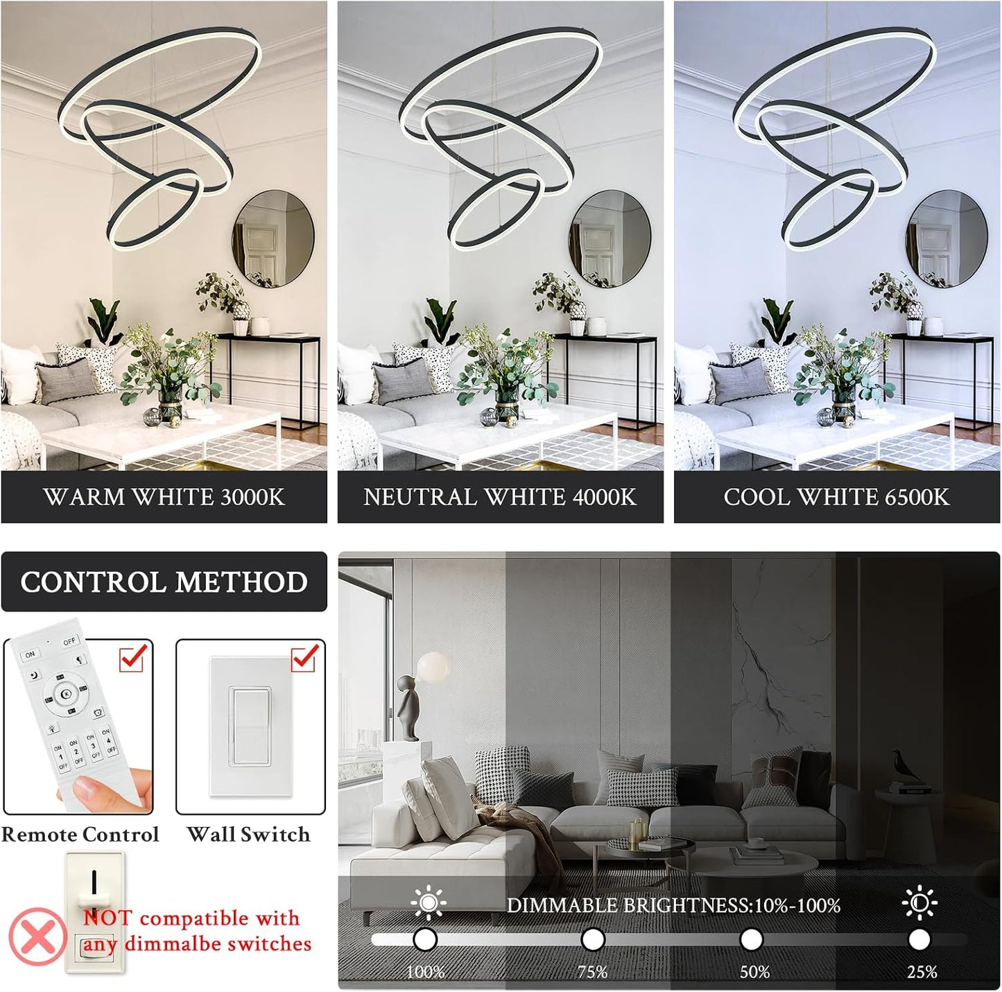 Candelabro LED 3 anillos negro regulable con control remoto