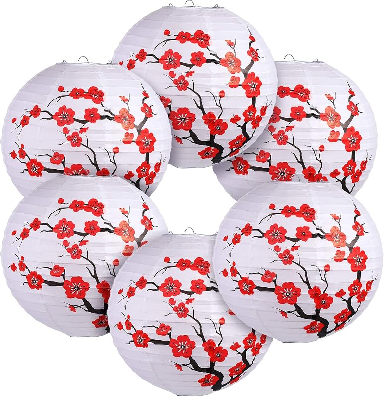 6 Faroles Papel Flor Cerezo Rojo 11.8x11pulg