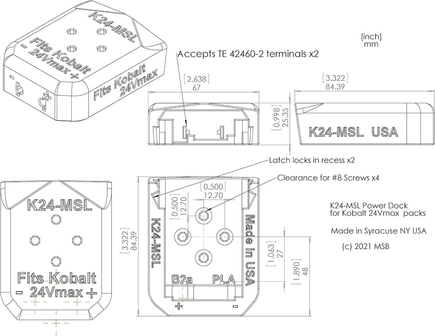 Soporte batería K24 Kobalt 24Vmax con terminales 14 AWG