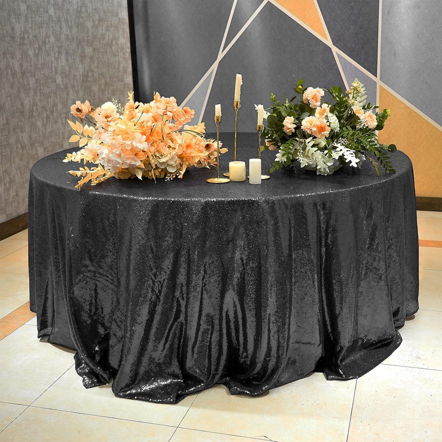 Mantel redondo lentejuelas 108pulg negro purpurina para fiestas