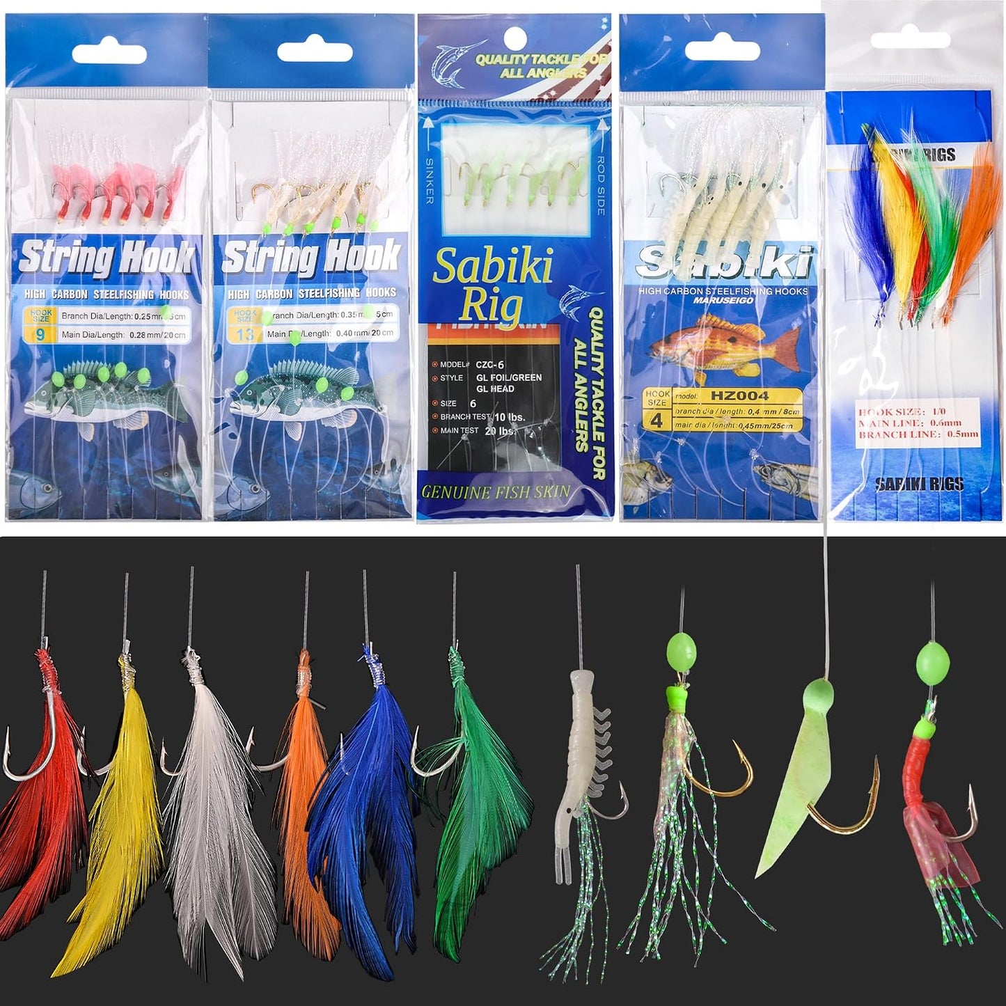 Aparejos cebo pesca 4/10 paq con gancho cuerda y cuentas camarones