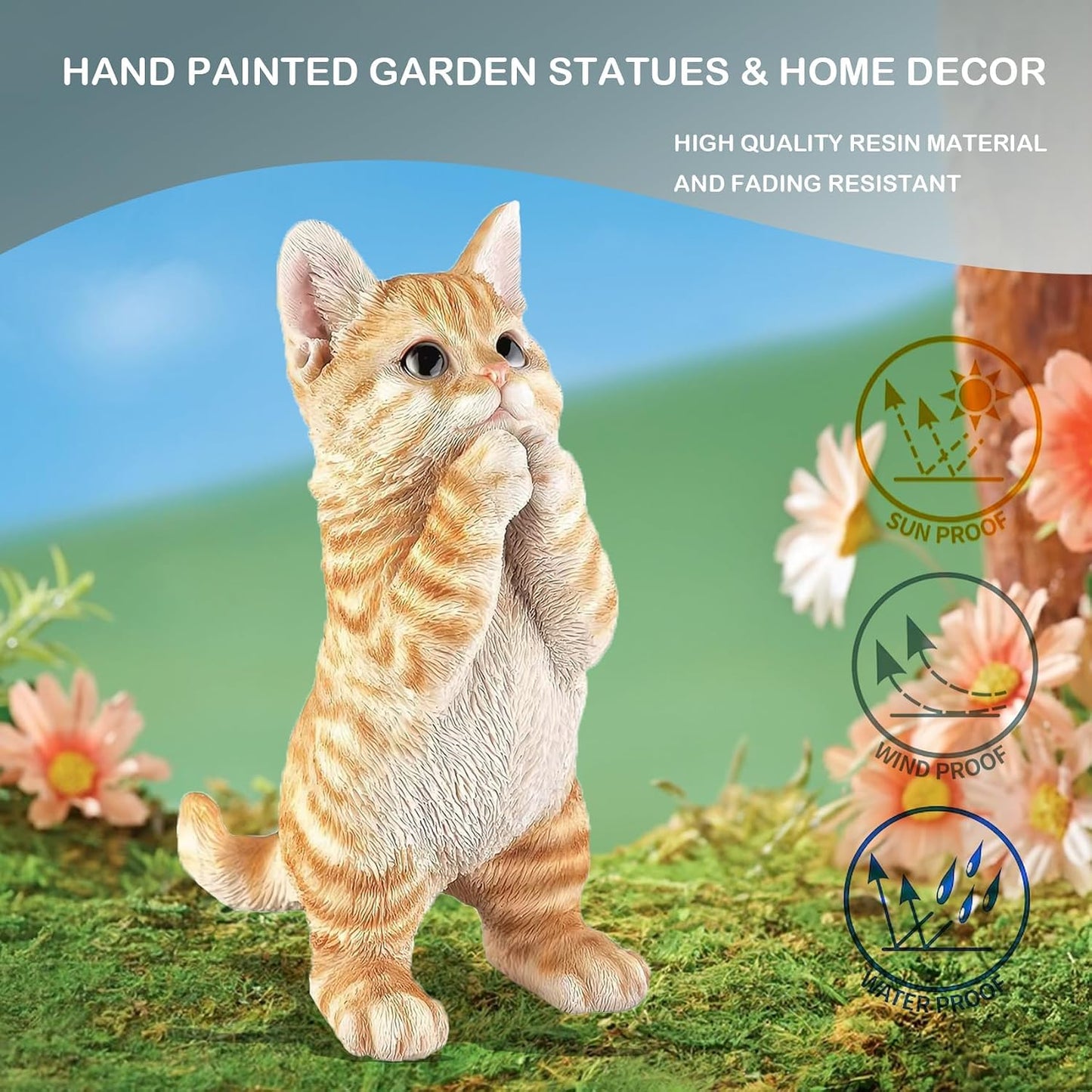 Figura gato rezando decoración jardín patio naranja