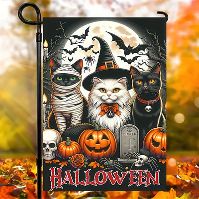 Bandera jardín Halloween gato negro bruja momia