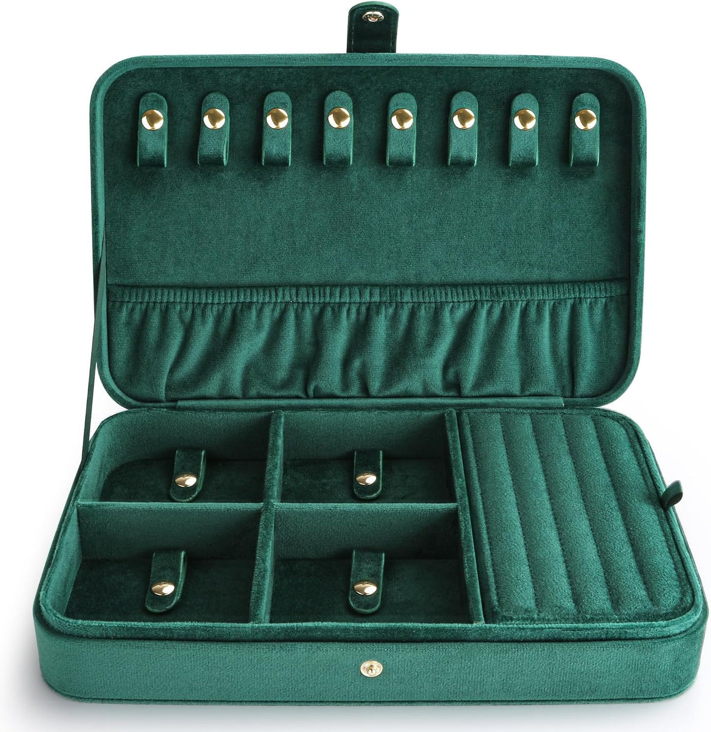 Estuche terciopelo joyas viaje 8 cierres presión verde