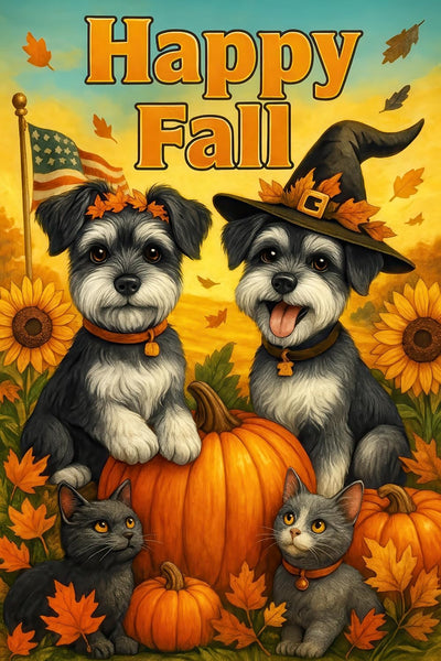 Bandera jardín 12x18pulg doble cara perro gato calabaza