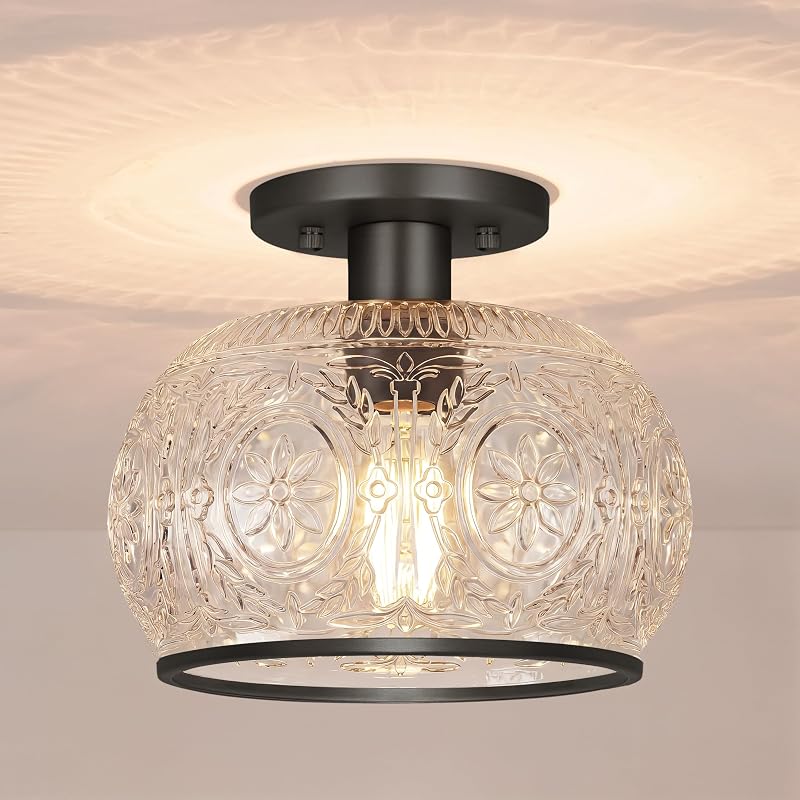 Lámpara techo semiempotrada vintage negra con globo cristal
