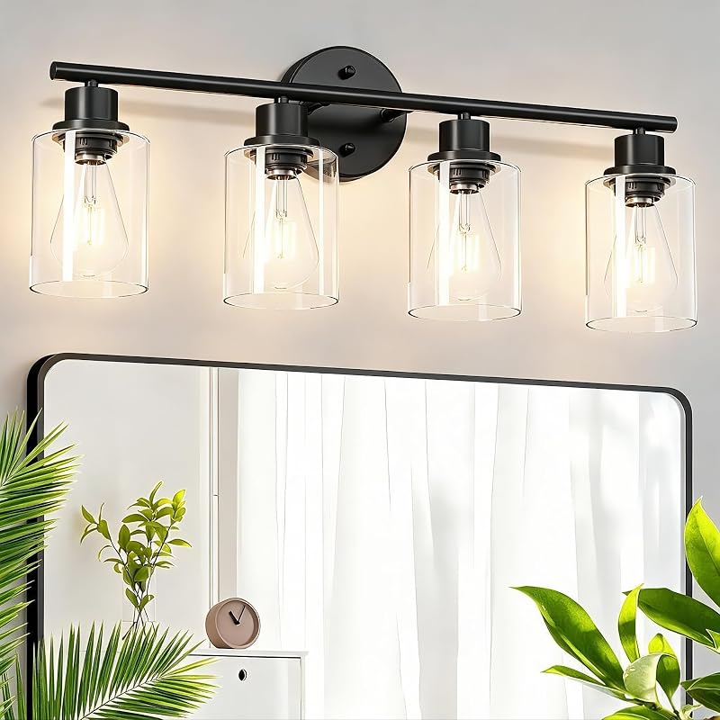 Lámpara baño 4 luces E26 pantalla vidrio transparente