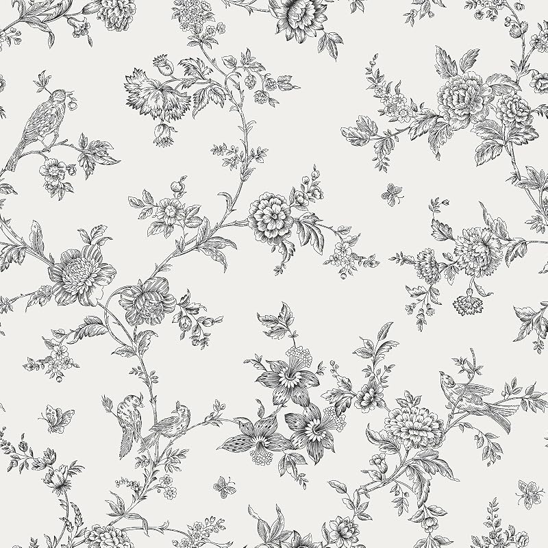 Papel tapiz bohemio senderos pájaros gris blanco 17.7x354"