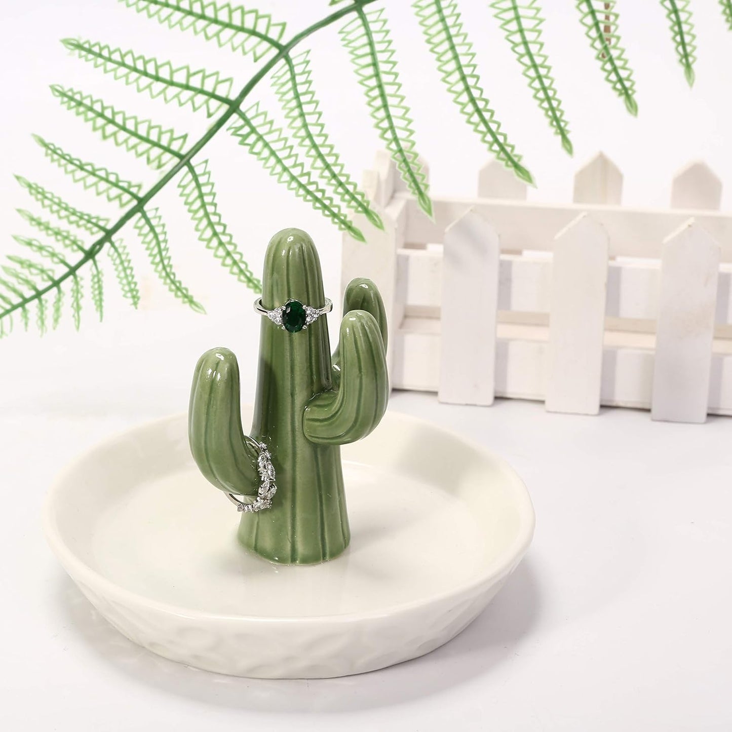 Soporte anillo cactus cerámica plato blanco joyas regalo