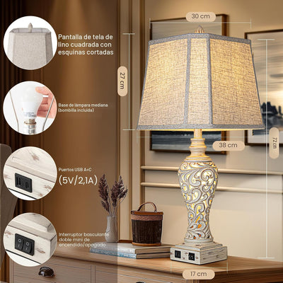 2 Lámparas Mesa 28.5pulg Pantalla Tela USB Luz Nocturna