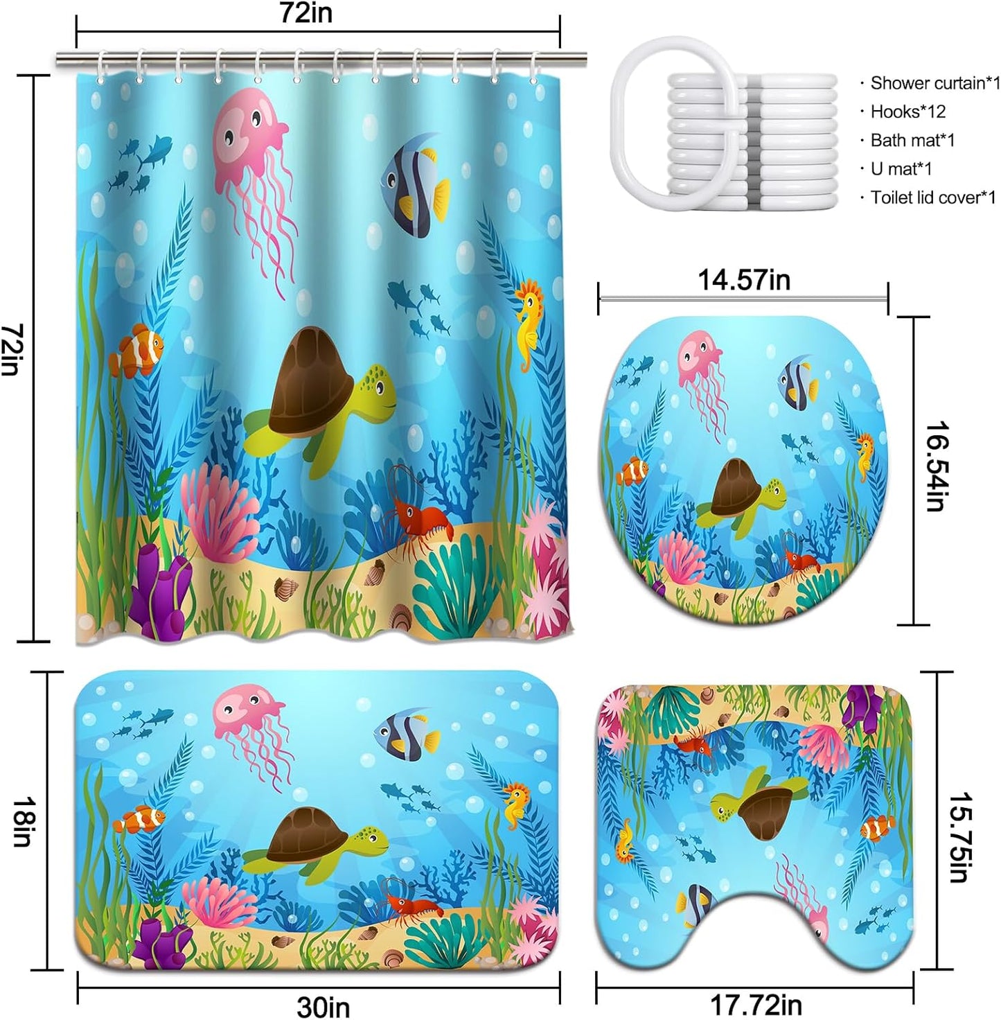 Juego 4 cortinas ducha baño niños con tortugas antideslizante