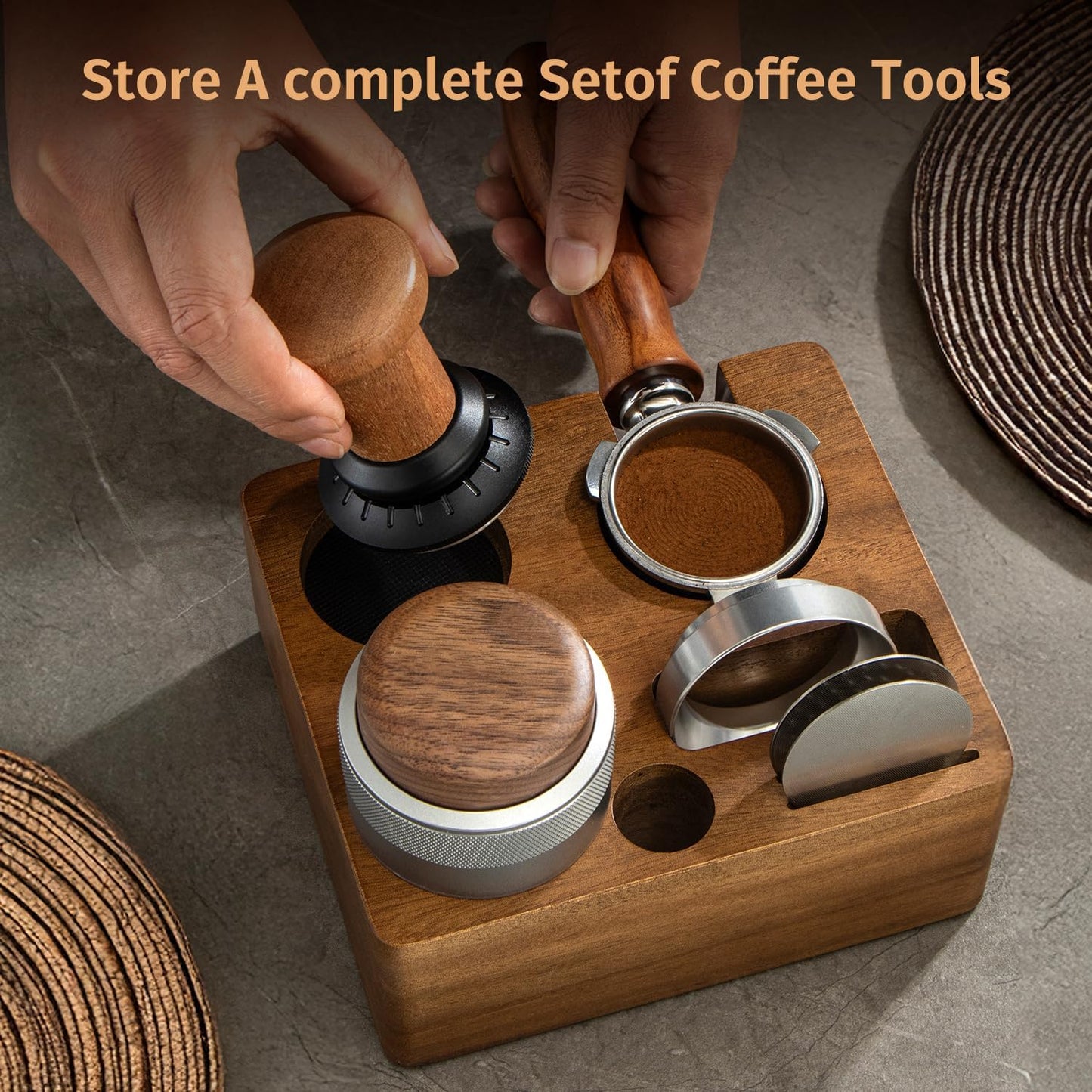 Estación calibración espresso madera nogal con soporte