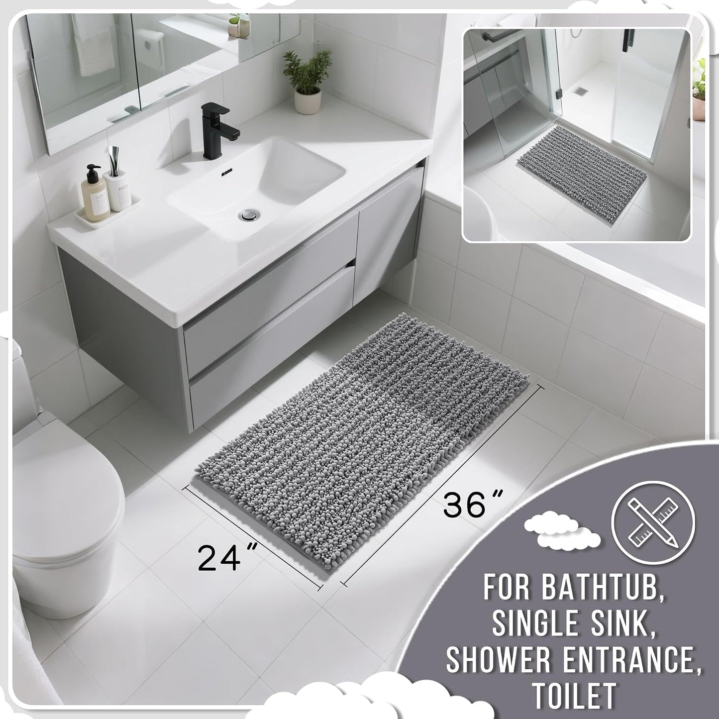 Tapete peludo baño ducha grande antiderrap gris