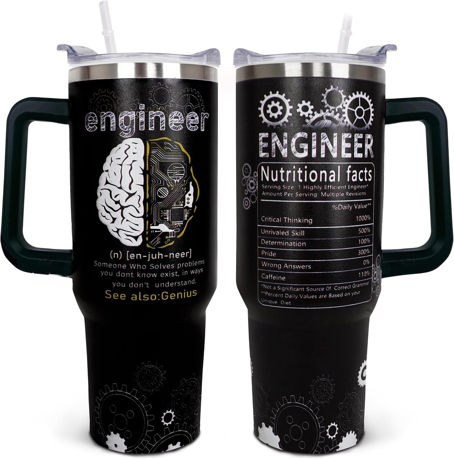 Vaso 40oz con asa popote amarillo negro para ingenieros