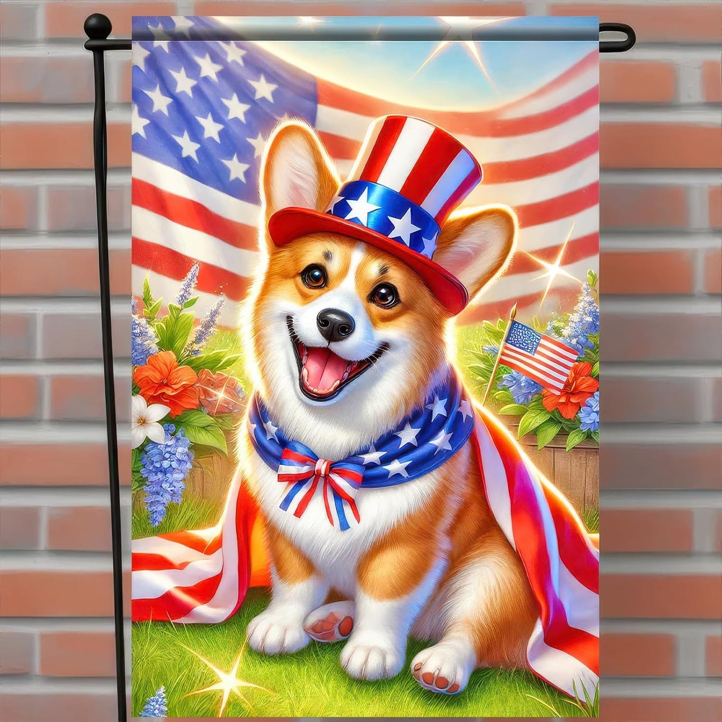 Bandera patriótica perro corgi 12x18pulg doble cara