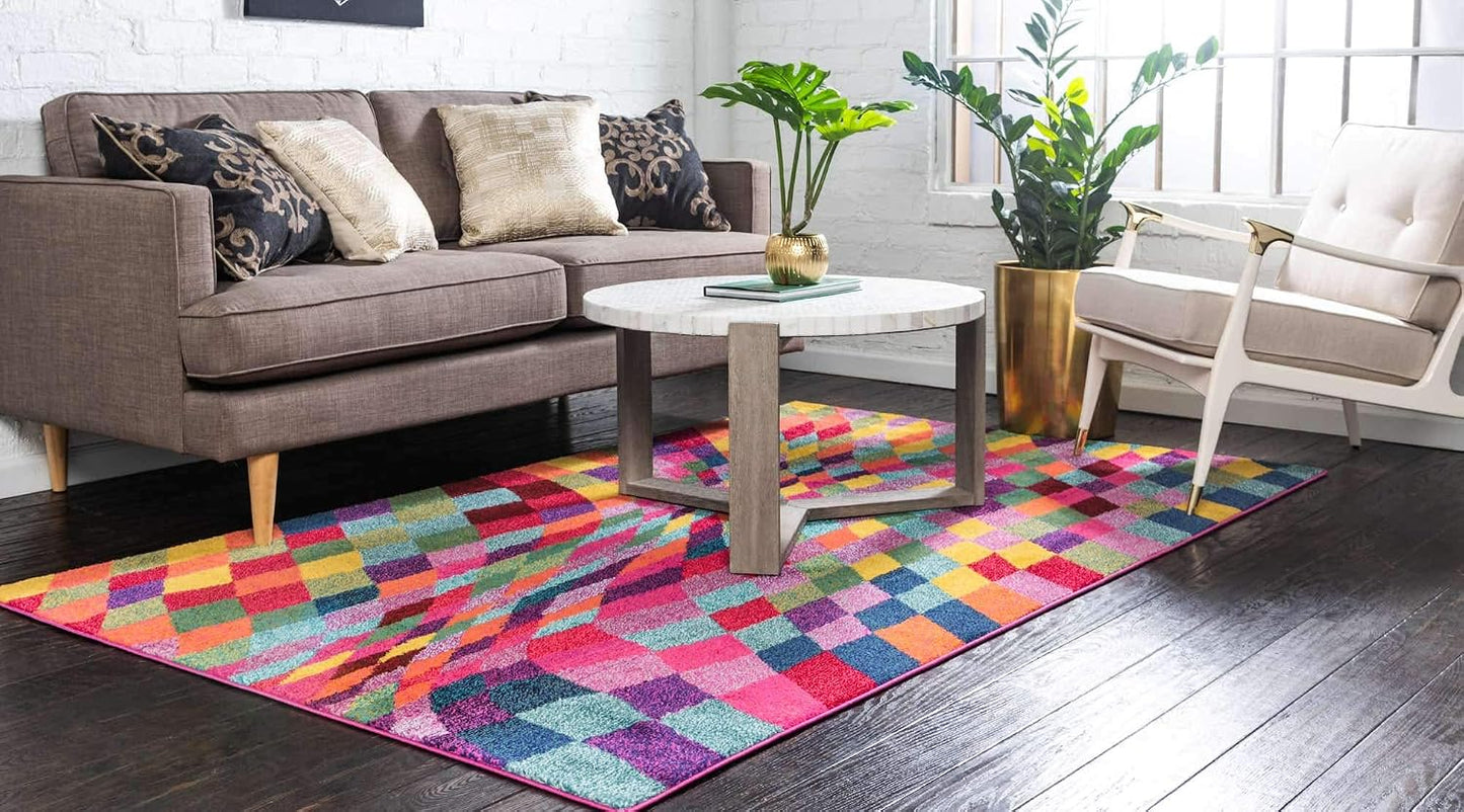 Alfombra geométrica moderna 6x9ft multicolor y rosa
