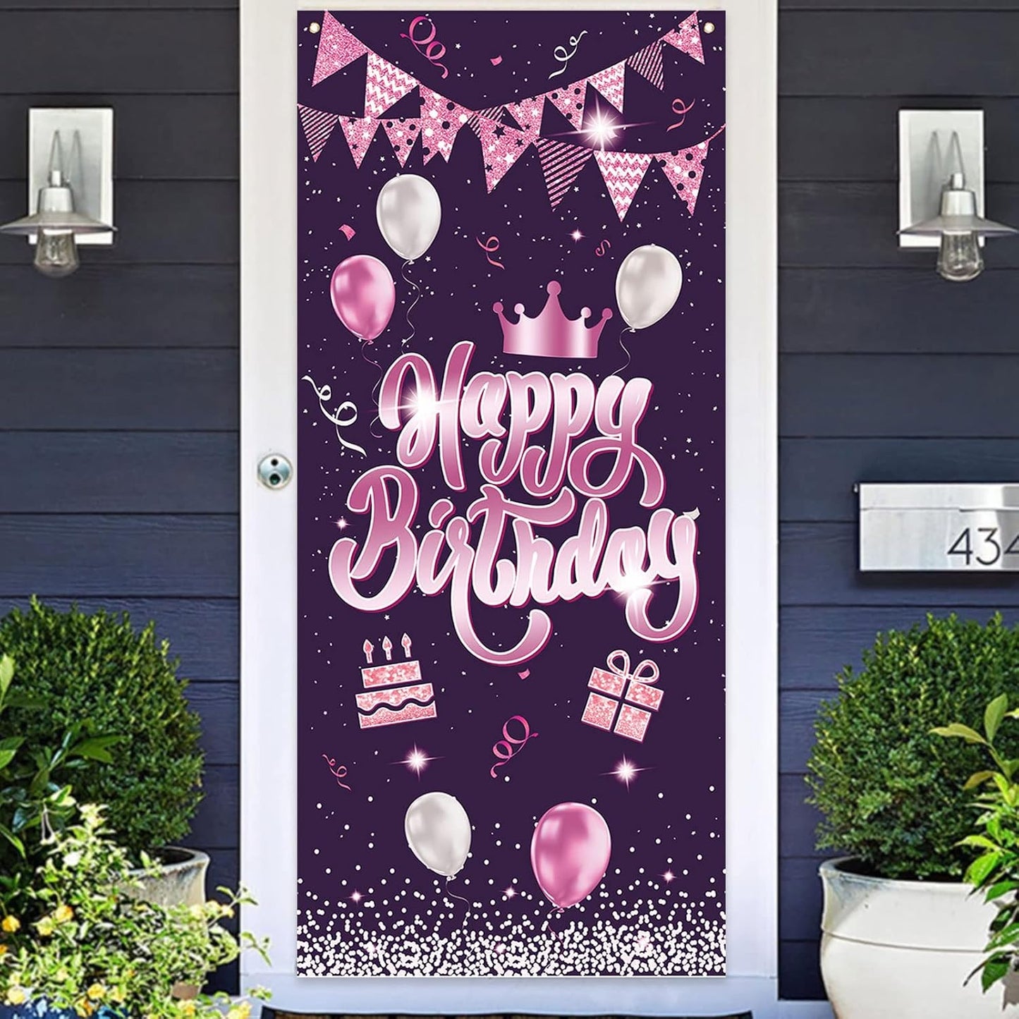 Cartel feliz cumpleaños rosa globos confeti puerta