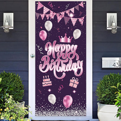 Cartel feliz cumpleaños rosa globos confeti puerta