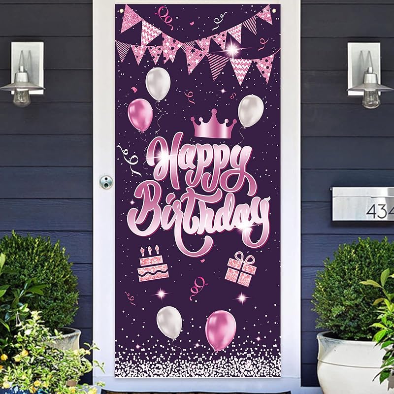 Cartel feliz cumpleaños rosa globos confeti puerta
