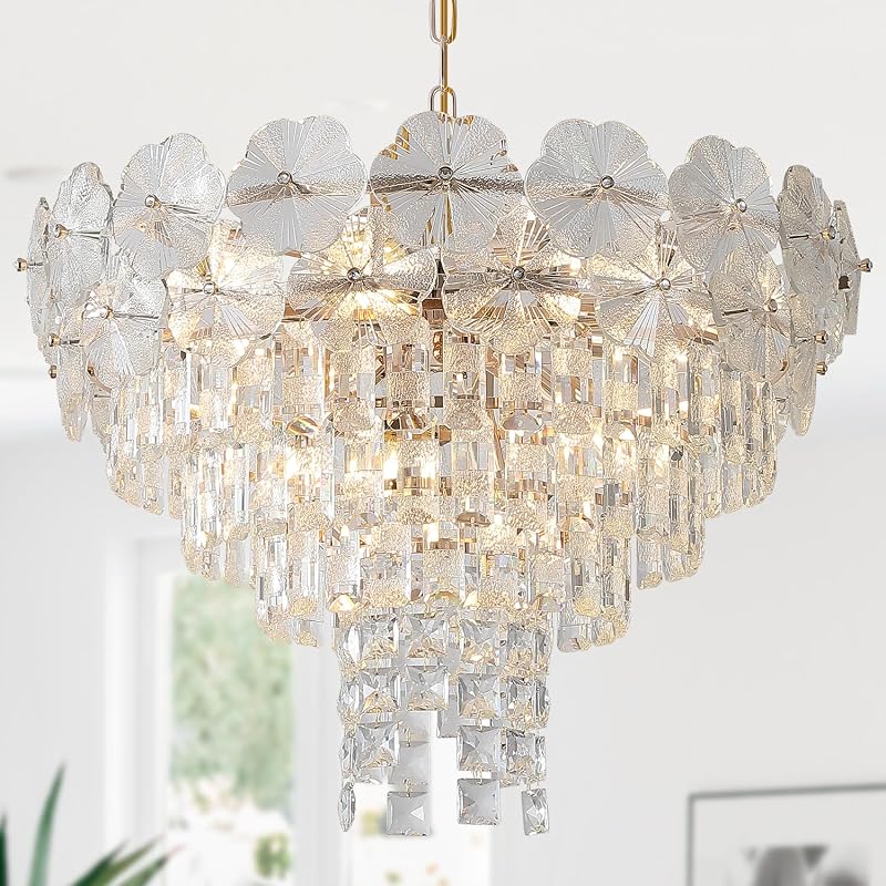 Candelabro cristal K9 6 niveles 12 luces dorado sala comedor