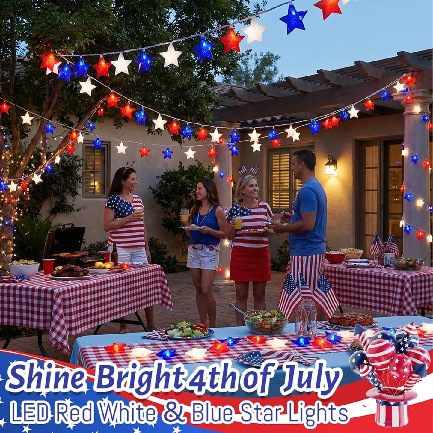Tira luces LED estrella rojas blancas azules decoración 4 de Julio