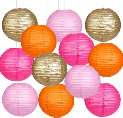 Linternas papel colgantes rosa naranja dorado pack 12