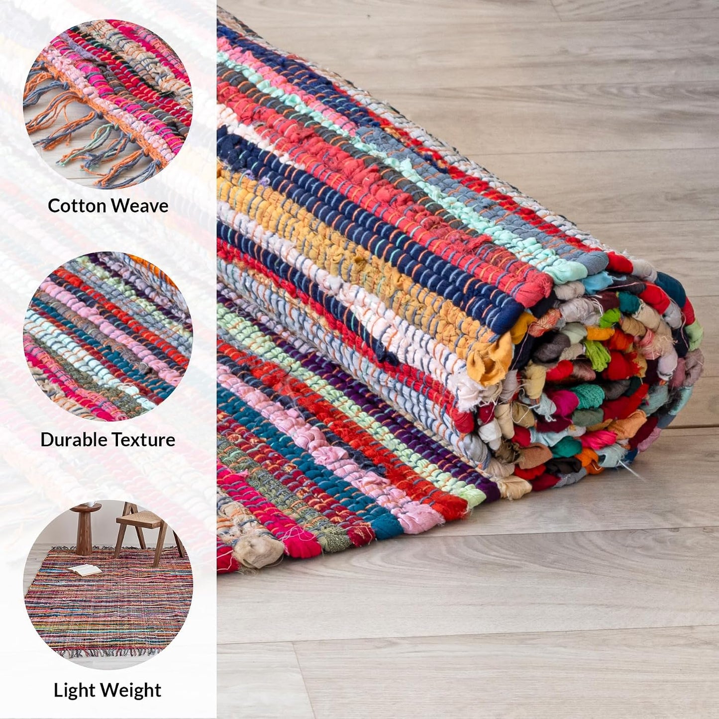 Alfombra trapo chindi reversible borlas 20x32pulg estilo boho