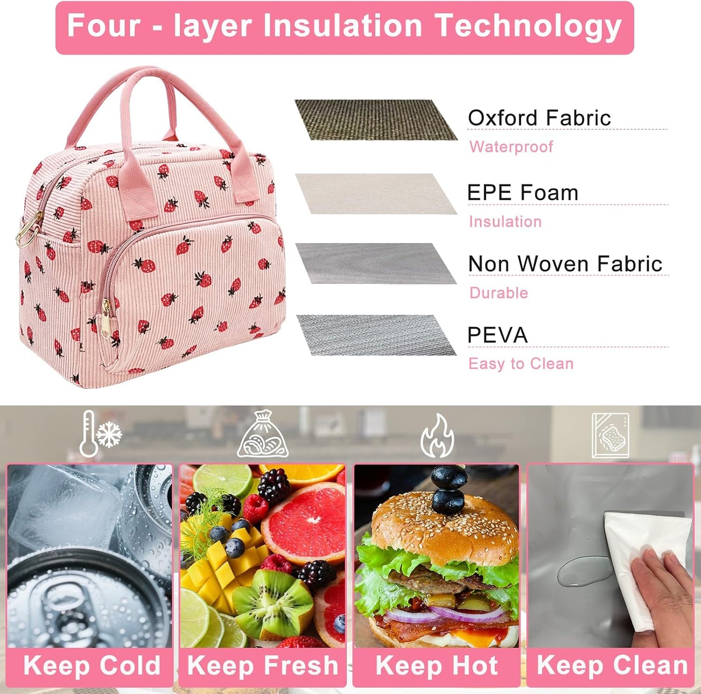 Bolsa almuerzo aislada reutiliz. portátil rosa fresa